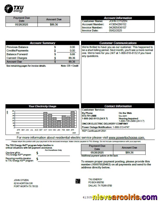 USA TXU Energy utility bill, version 6